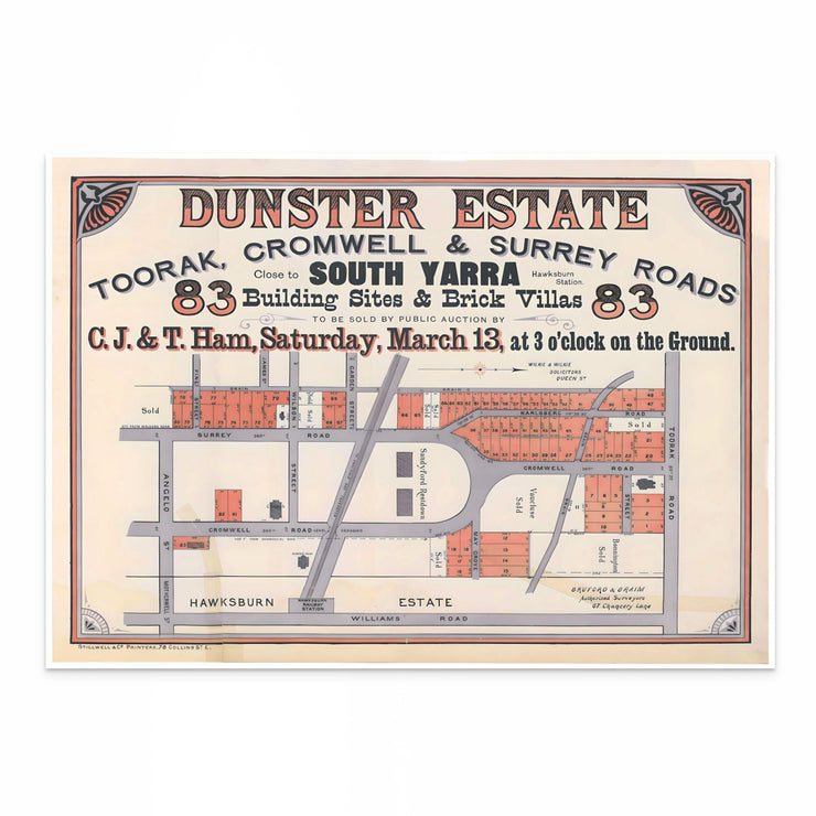 SOUTH YARRA: Discover history with the historic 'Dunster Estate' real estate auction advert land subdivision print from 1886 by Curat'd Walls, showcasing the heritage and development of this iconic Melbourne suburb.