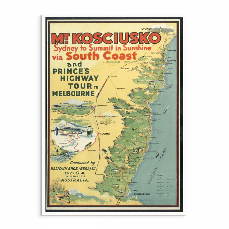 Vintage map showing the drive from Sydney to Mount Kosciuszko via the South Coast & Princes Highway, published by Balmain Bros (Bega) Ltd circa 1927.
