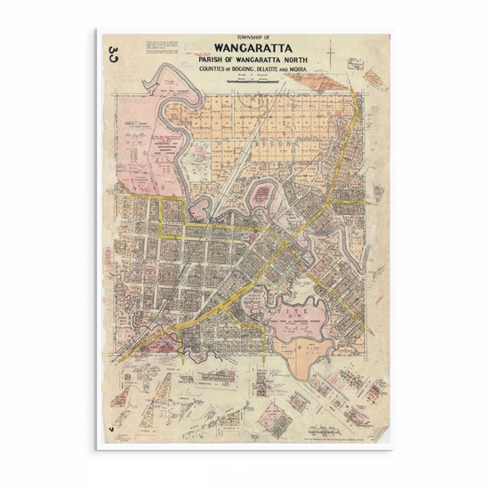 Archival reproduction print of a historical map of Wangaratta, Victoria, showing early roads, rivers, and township divisions