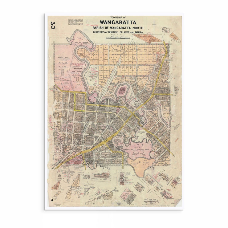 Archival reproduction print of a historical map of Wangaratta, Victoria, showing early roads, rivers, and township divisions