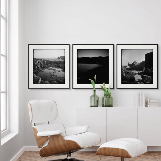 Max Dupain 3-piece Kiama Beach print set: rockpool with crashing surf, calm night bay, jagged coastline and strong surf.