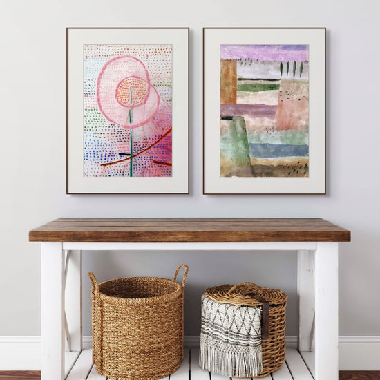 Pair of Paul Klee prints: Flourishing (1939) with organic shapes and vibrant earthy tones alongside Landscape with Poplars (1929), a serene abstract landscape with muted horizontal bands and stylised trees.