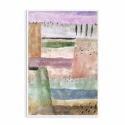 Pair of Paul Klee prints: Flourishing (1939) with organic shapes and vibrant earthy tones alongside Landscape with Poplars (1929), a serene abstract landscape with muted horizontal bands and stylised trees.