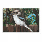 Modern painting of a kookaburra perched on a timber fence with soft-focus Australian bush background – fine art print