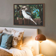 Modern painting of a kookaburra perched on a timber fence with soft-focus Australian bush background – fine art print