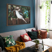 Modern painting of a kookaburra perched on a timber fence with soft-focus Australian bush background – fine art print