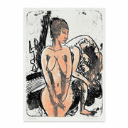 Print of Ernst Ludwig Kirchner's Two Women lithograph from 1914, featuring bold black and orange inks on woven paper, showcasing German Expressionist style