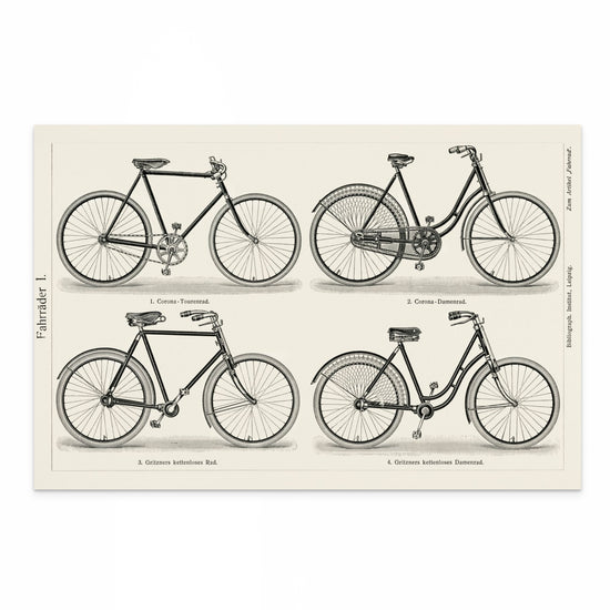 Vintage bike blueprint featuring “Coroner - Tourenrad,” “Coroner - Damenrad,” “Gritzners Kettenloses Rad,” and “Gritzners Kettenloses Damenrad” with “Fahrräder 1” typography and Leipzig markings.