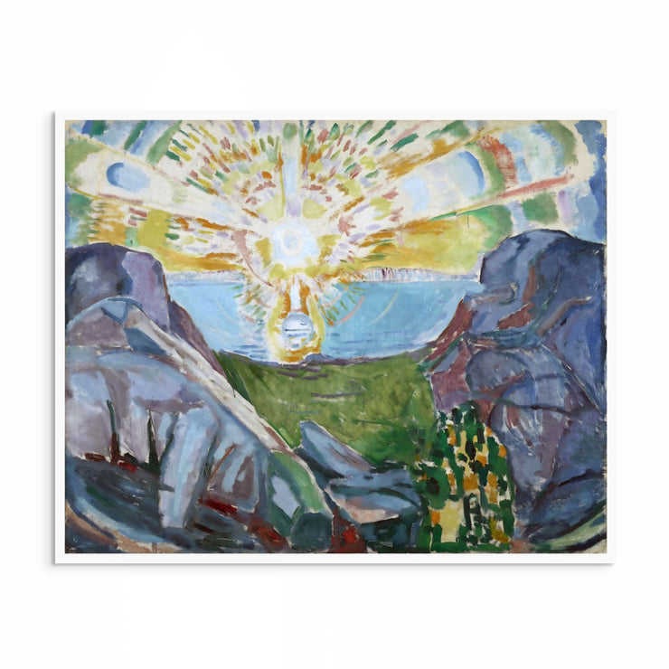 Edvard Munch’s The Sun (1909) art print — vibrant expressionist landscape featuring a radiant sun rising over the sea, painted in bold golds, blues, and oranges, symbolizing renewal and vitality.