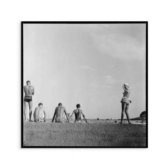 Vintage 1940s black and white photograph by Max Dupain titled ‘Poolside Crew,’ showing five figures at the edge of a swimming pool, captured in classic Australian summer style.