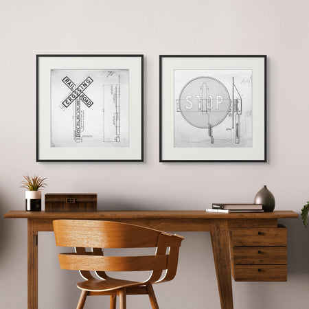 Vintage railroad signal blueprint print featuring a classic railroad crossing sign and a stop sign in detailed black-and-white linework.