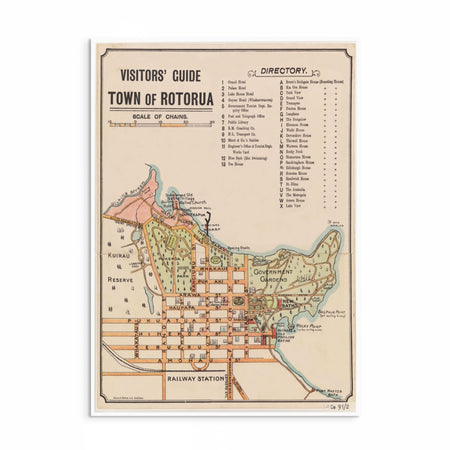 Full-colour vintage map of Rotorua central district, New Zealand – featuring Government Gardens, Sulphur Point, and historical urban layout.