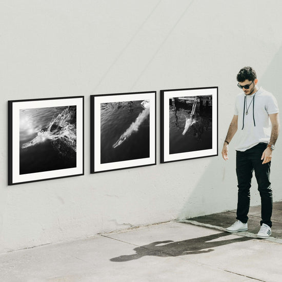 Vintage 1950's black and white photo prints of solo swimmer diving into water, curated by Curat'd