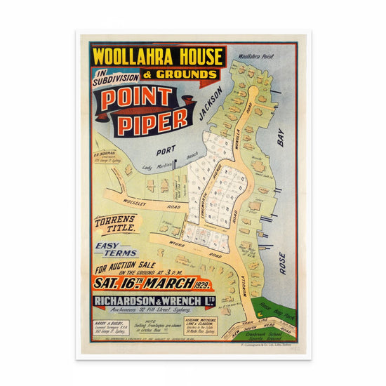 Vintage 1929 Point Piper Land Auction Poster - Exclusive Real Estate Print from Curat'd Walls | Elegant Historical Art | Collectible Wall Décor